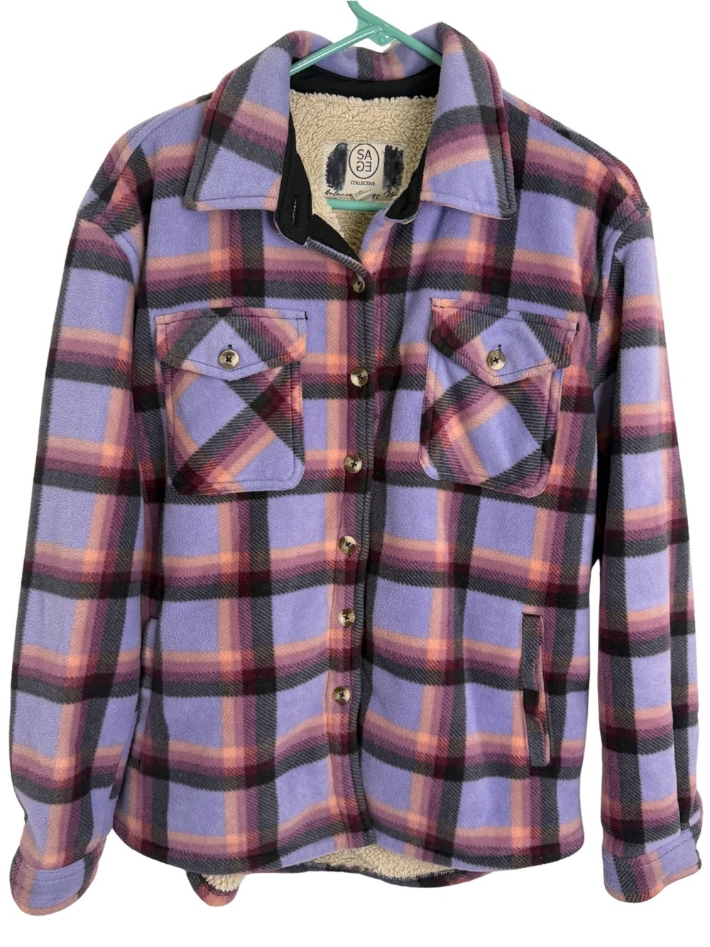 Sage Collective Purple Plaid Sherpa Lined Fleece Button Down Jacket Size Small